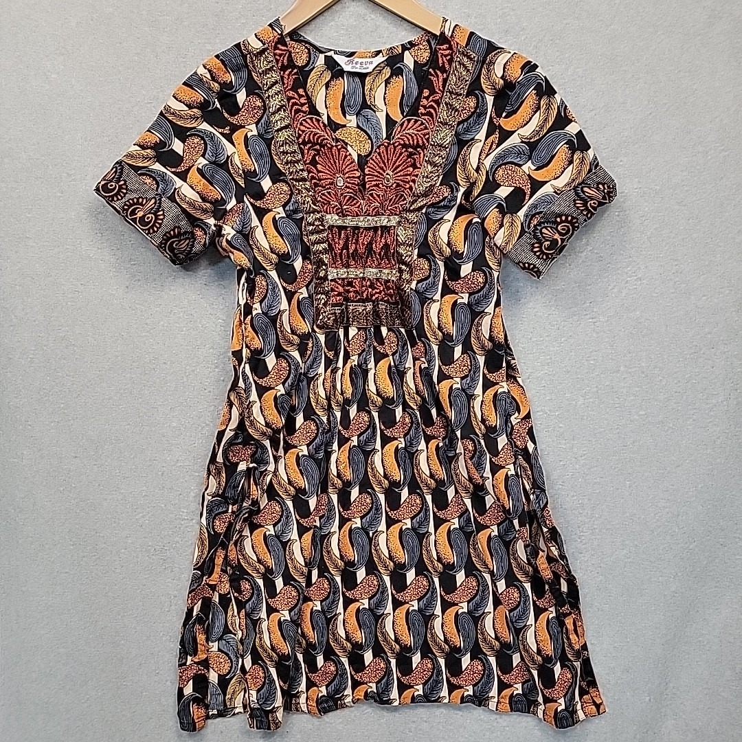 Indian Cotton Ethnic Floral Top Tunic Ss Women Xs Boho Hippie Vintage Look Reeva — image 2 of 8